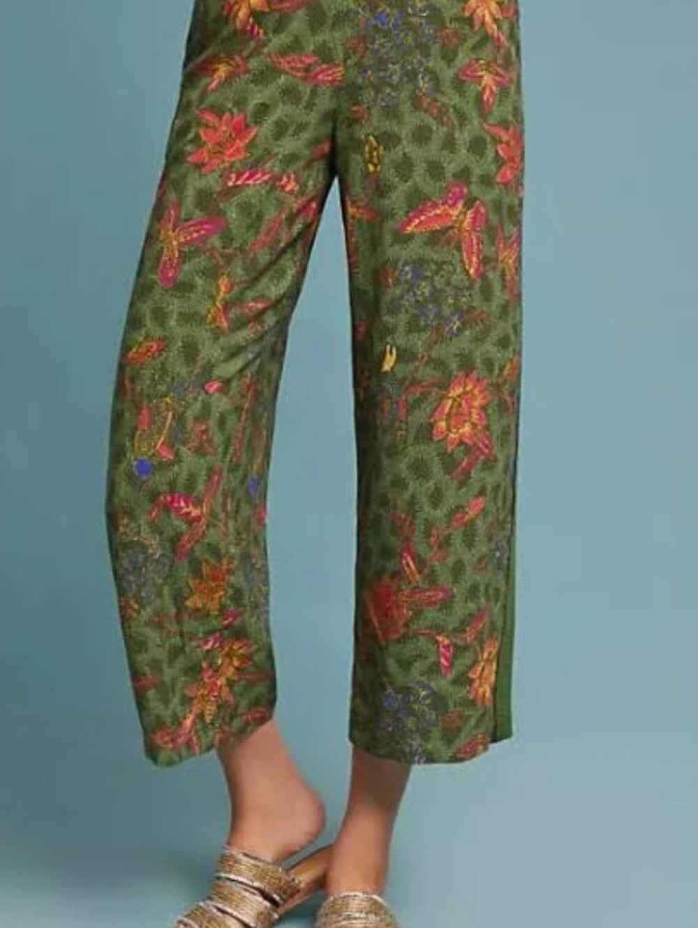 Anthropologie Ett:Twa Green Floral Bird Schuyler Wide Leg Pull On Pants Medium